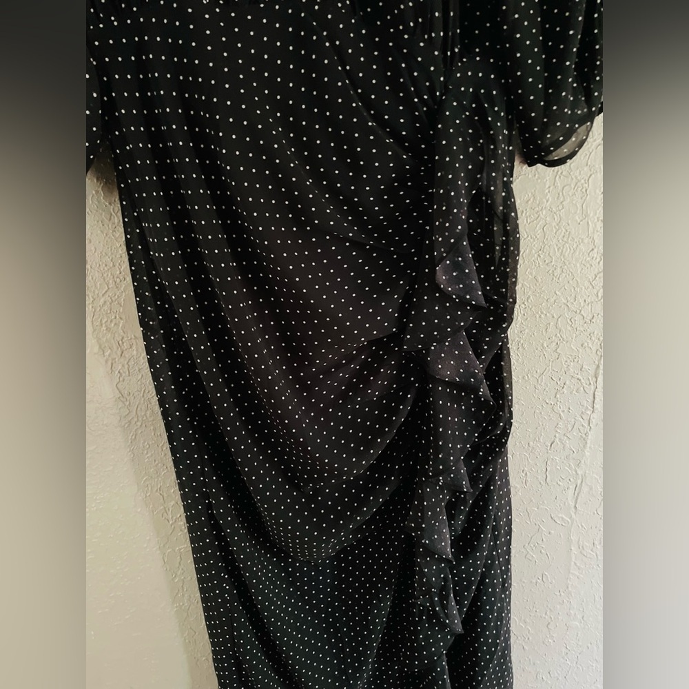 Black Polka Dot Midi Dress - Elegant Gathered Side Detail - Picture 6 of 7